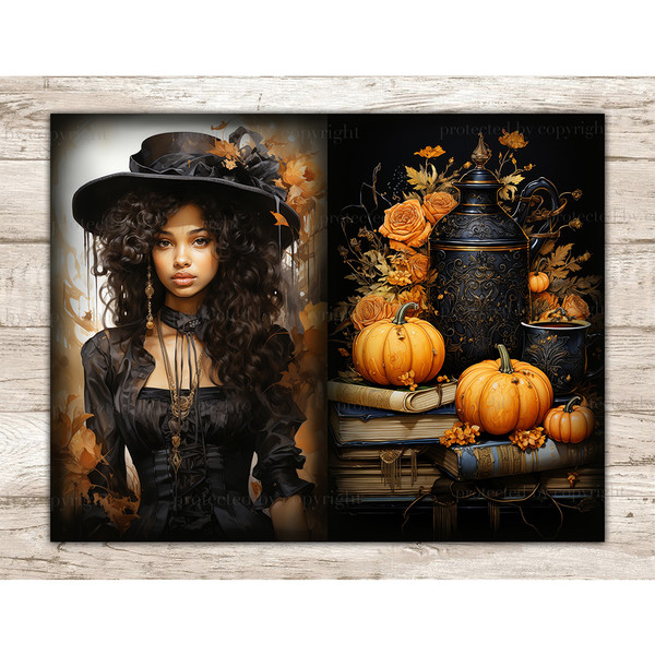 Halloween Junk Journal Pages. A black girl with brown hair in a Victorian dress and a hat decorated with autumn leaves. Gothic black vase and patterned mug amon