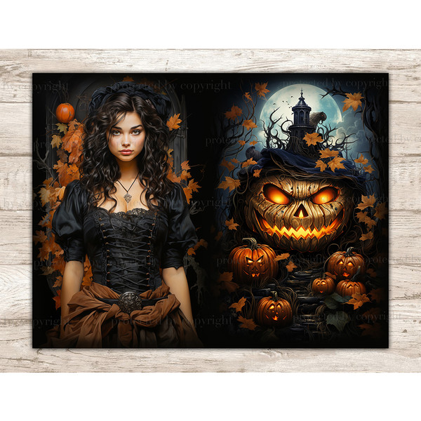Halloween Junk Journal Pages. Brunette in a Victorian dress on a background of autumn leaves. Huge pumpkin-head of Jack O Lantern with glowing eyes and mouth an