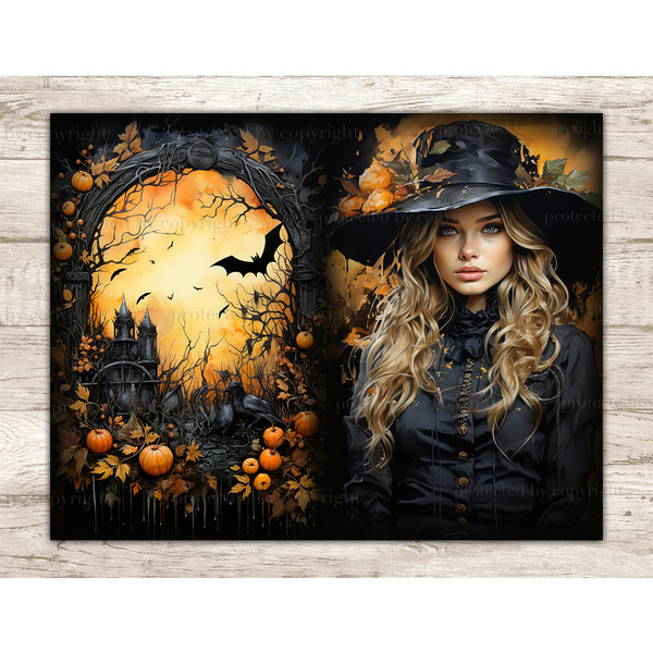 Halloween Junk Journal Pages. Blonde in Victorian dress and hat. Gothic frame made of tree branches with flying bats on the background of an orange sunset with