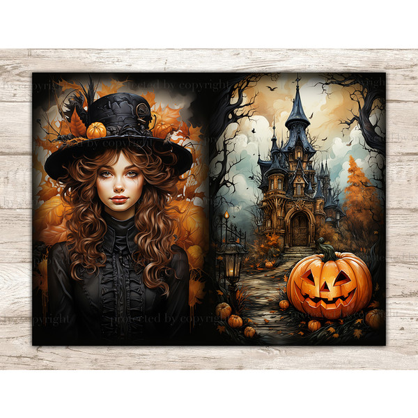 Halloween Junk Journal Pages. Portrait of a girl with brown hair in a Victorian black dress and hat against the backdrop of autumn foliage. Old gothic house wit