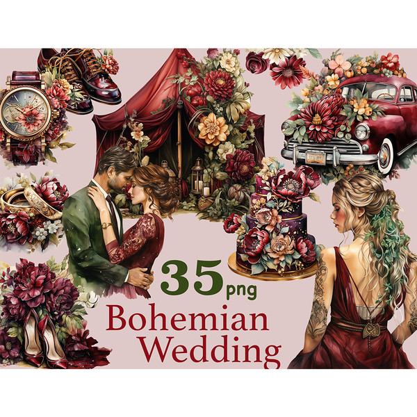 Watercolor bohemian wedding couple in burgundy and green clothes. Marsala wedding floral decoration with bow. Portrait of a blonde bride, view from the back. Me