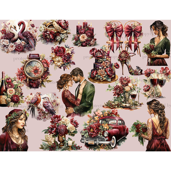 Watercolor bohemian wedding couple in burgundy and green clothes. Brides in burgundy dresses. White and burgundy swans. Golden wedding rings in burgundy colors.