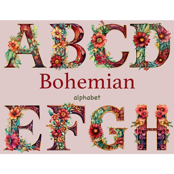 Watercolor burgundy alphabet letters. Elegant marsala font for wedding letters A, B, C, D, E, F, G, H. Floral alphabet with bright burgundy, pink and orange flo