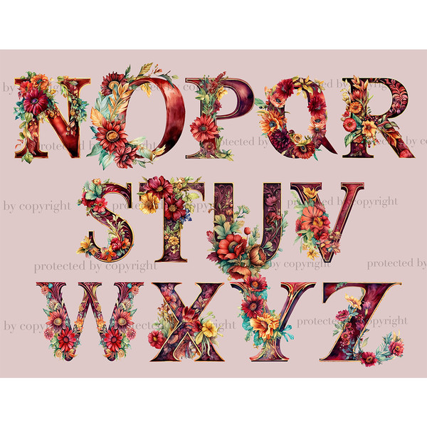 Watercolor burgundy alphabet letters. Elegant marsala font for wedding letters N, O, P, Q, R, S, T, U, V, W, X, Y, Z. Floral alphabet with bright burgundy, pink