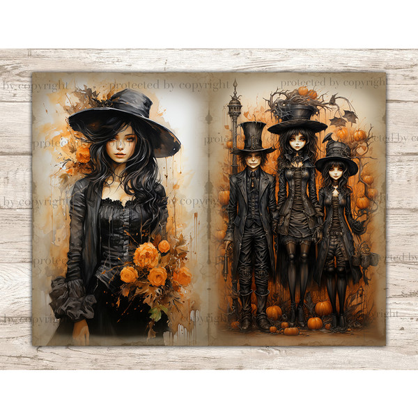 Halloween Watercolor Junk Journal Pages. Vintage Gothic Diary Pages. A brunette in a Victorian dress and hat holding orange flowers. A man and two girls in Hall