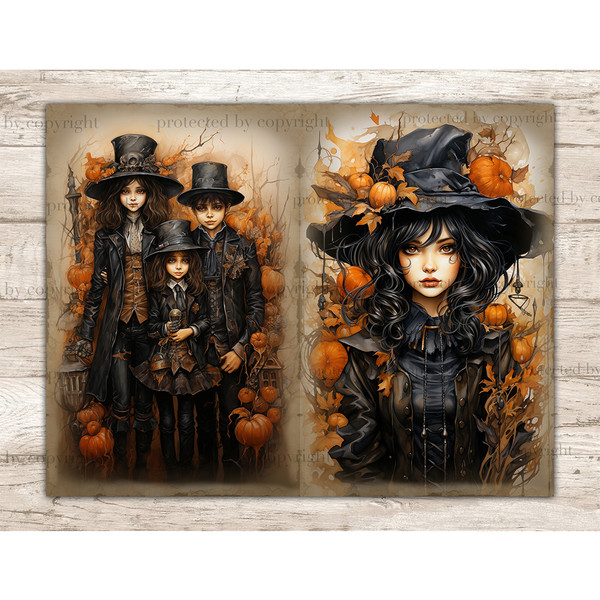 Halloween Watercolor Junk Journal Pages. Vintage Gothic Diary Pages. A brunette in a Victorian dress and hat among orange pumpkins and autumn leaves. Children i