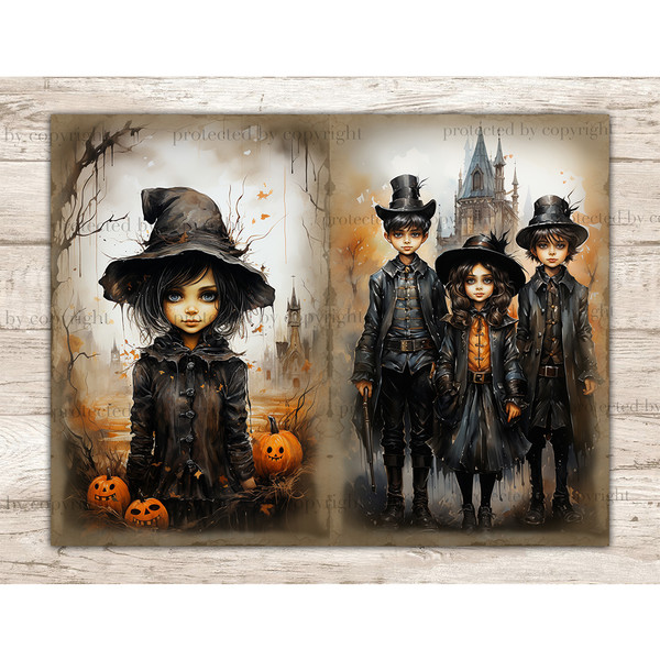 Halloween Watercolor Junk Journal Pages. Vintage Gothic Diary Pages. Children in Halloween Victorian clothes among pumpkins against the backdrop of gothic build