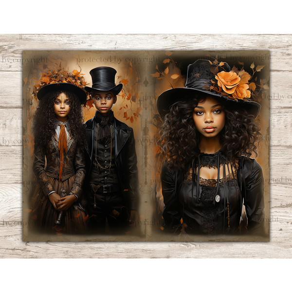 Black African American girl with brown hair wearing a Victorian dress and a hat with orange flowers. African American children boy and girl in gothic autumn vic