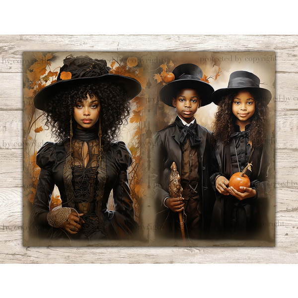 Black African American brunette girl in black lace Victorian dress and hat. African American children boy and girl in gothic autumn victorian clothes