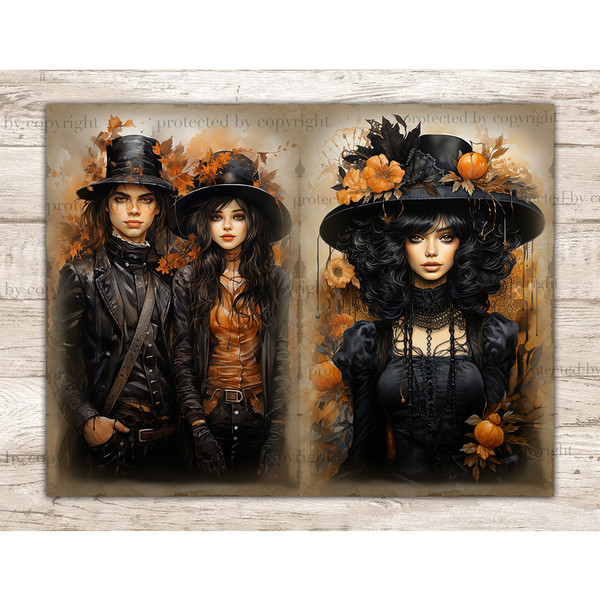 Dark Vintage Autumn Junk Journal Pages. Gothic Collage Pages with a young couple in Victorian era hats and robes with autumn leaves. Brunette in a black dress a