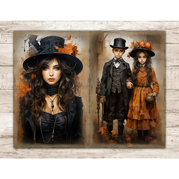 Dark Vintage Autumn Junk Journal Pages. Gothic Collage Pages with children in Victorian era hats and clothes with autumn leaves. Brunette in a black dress, a bl