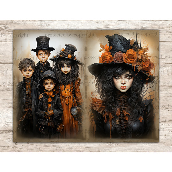Dark Vintage Autumn Junk Journal Pages. Gothic Collage Pages with children in Victorian era hats and clothes with autumn leaves. Brunette woman in black dress a
