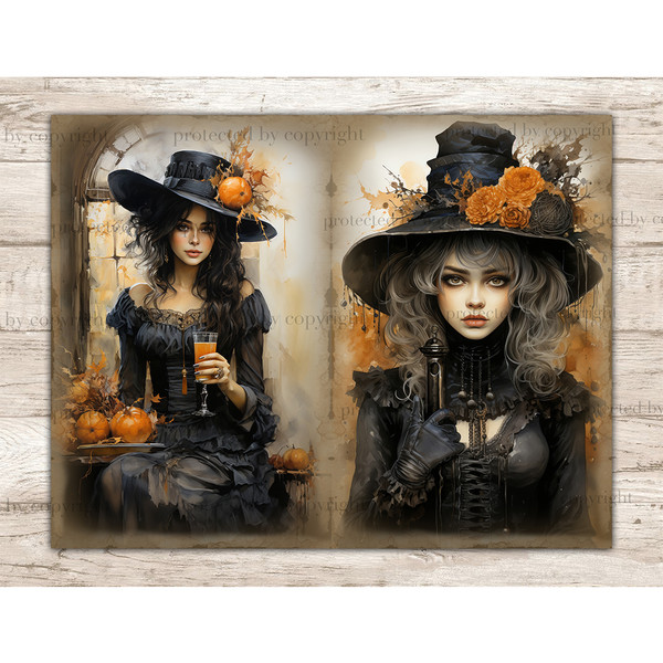 Gothic Collage Pages with girls in Victorian hats and clothes with autumn leaves. A brunette sits at a table with a glass of orange juice in her hand and pumpki