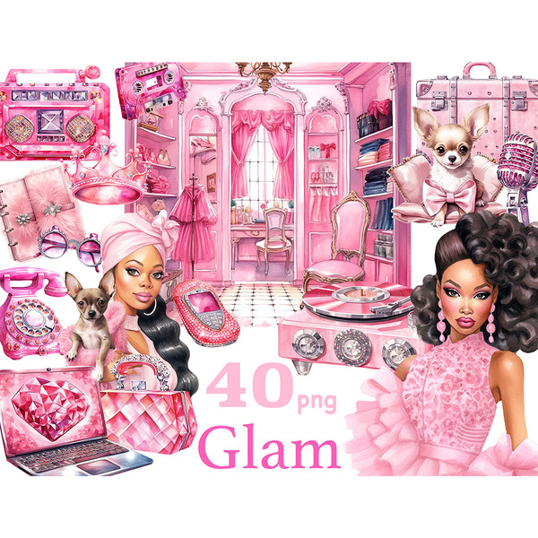 Watercolor glamorous black girls in trendy pink dresses in 2000s style, pink dressing room interior, chihuahua with pink bow, pink boomboxes, suitcase, audio ca