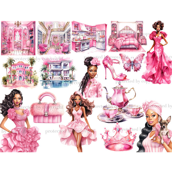 Watercolor black girls in pink retro dresses, black doll in a glamorous pink dress, pink interiors of the kitchen, bedroom, dressing room, outdoor pink mansions