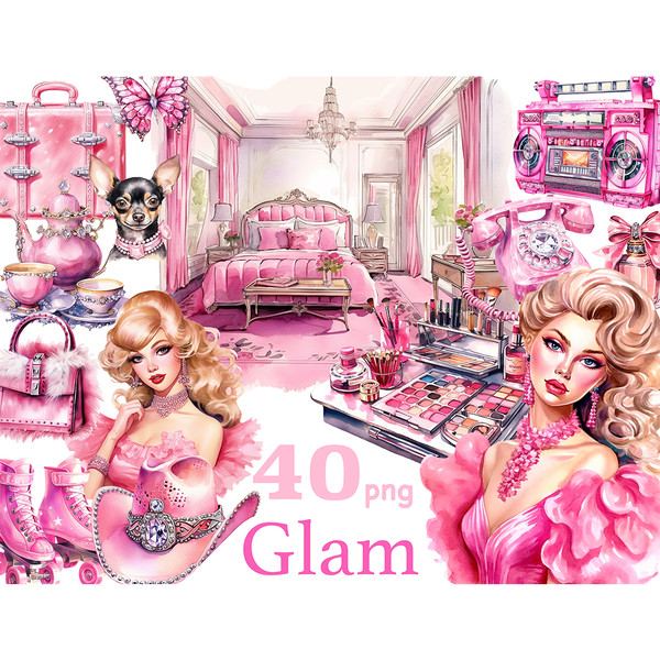 Watercolor glamorous blondes in fashionable pink dresses in the style of the 2000s, pink bedroom interior, toy terrier, pink tea set of mugs and teapot, pink ro