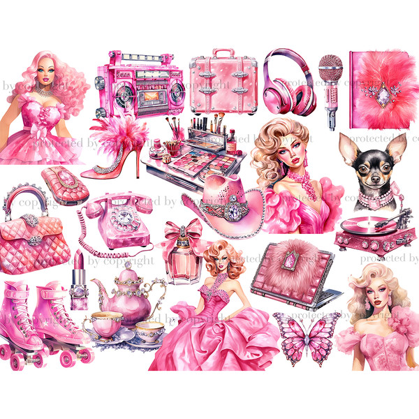 Watercolor glamorous blonde dolls in fashionable pink dresses in the style of the zero years of the 21st century, toy terrier, pink tea set of mugs and teapot,