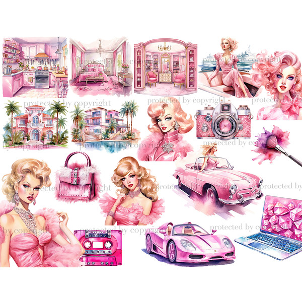 Watercolor blondes in pink retro dresses, in a pink retro car, a sports pink car, outdoor exteriors of pink mansions, pink indoor interiors, a laptop with rhine