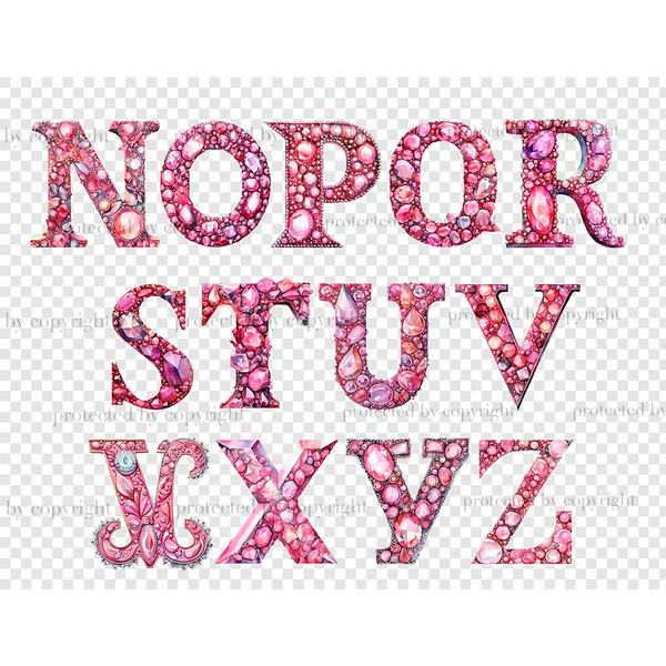 Watercolor pink glamor alphabet letters. Trendy luxury retro 2000s font for invitations letters N, O, P, Q, R, S, T, U, V, W, X, Y, Z. Alphabet with pink rhines