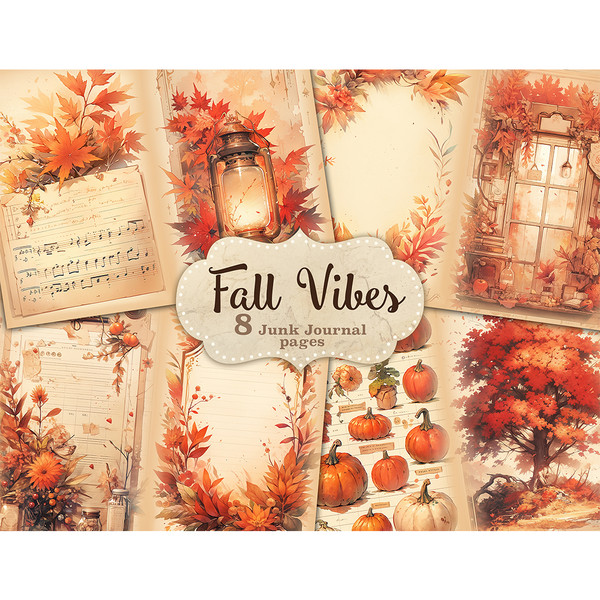 Fall Vibes Watercolor Junk Journal Pages. Vintage autumn Ephemera Pages with fall harvest pumpkins, fall foliage, fall leaf wreaths, music book, autumn tree. Au