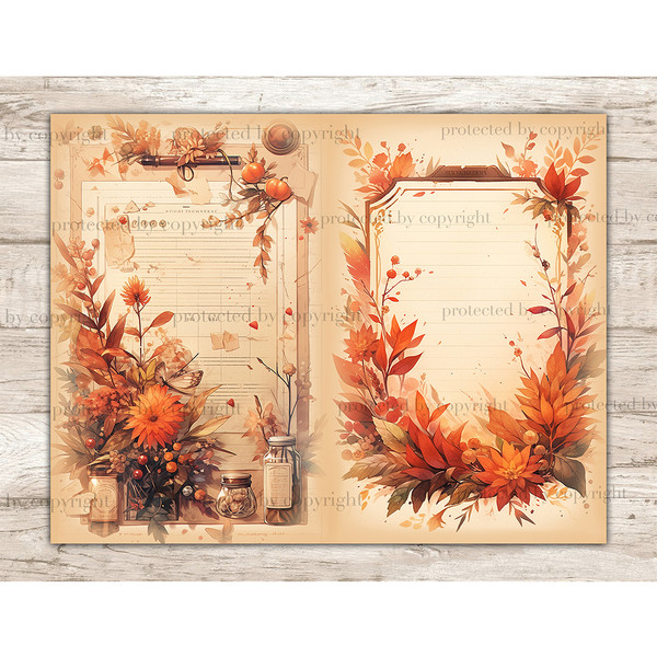 Fall Vibes Watercolor Junk Journal Pages. Vintage autumn Ephemera Pages with fall leaves, flowers and frames. Autumn Blank Junk Journal Page for Notes