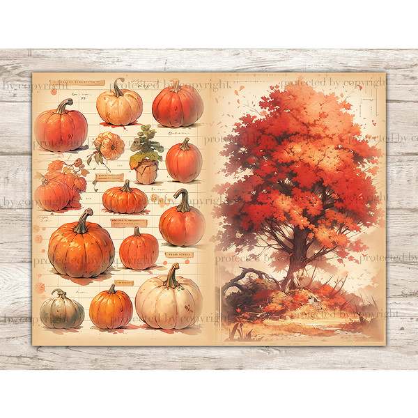 Fall Vibes Watercolor Junk Journal Pages. Vintage autumn Ephemera Pages with fall harvest pumpkins, autumn tall tree with fall foliage.