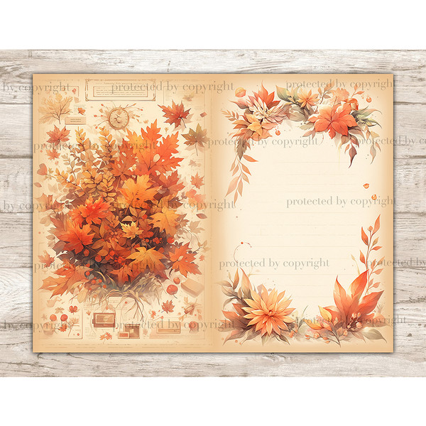 Fall Vibes Watercolor Junk Journal Pages. Vintage Autumn Ephemera Pages with fall leaves leaf frame. Autumn Blank Junk Journal Page for Notes