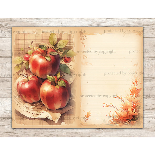 Fall Vibes Watercolor Junk Journal Pages. Vintage autumn Ephemera Pages with apples on vintage paper background. Autumn Blank Junk Journal Page with Foliage in