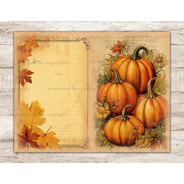 Autumn Watercolor Junk Journal Pages. Vintage fall Diary Pages with fall foliage in yellow and red, with fall harvest pumpkins. Autumn Blank Junk Journal Page f