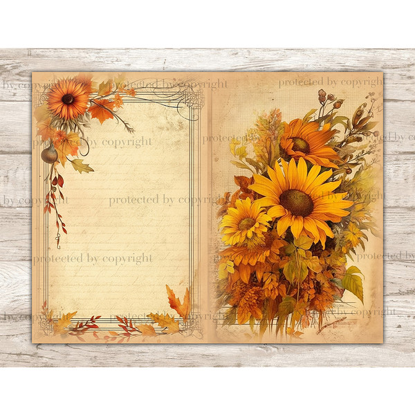 Autumn Watercolor Junk Journal Pages. Vintage fall Diary Pages with autumn harvest sunflowers. Autumn Blank Junk Journal Page for Notes