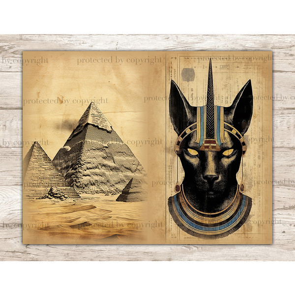 Watercolor Junk Journal Pages of Ancient Egypt. Egyptian ancient parchment with Egyptian pyramids and cat head statue
