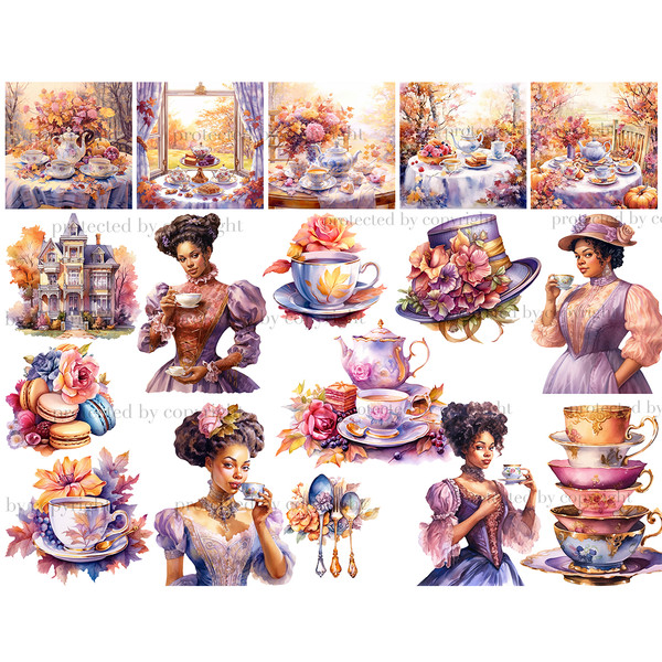 Watercolor black women in Victorian dresses with cups of tea celebrate autumn tea party. Autumn tea ceremony scenes with teapots, foliage, pumpkins, a table wit