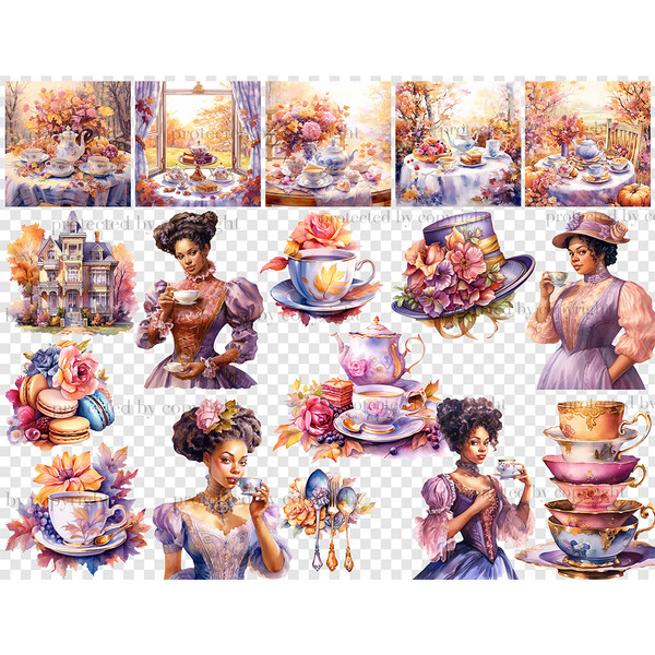 Watercolor black women in Victorian dresses with cups of tea celebrate autumn tea party. Autumn tea ceremony scenes with teapots, foliage, pumpkins, a table wit