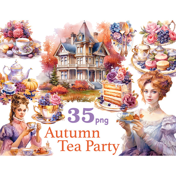 Watercolor Victorian girls in dresses at the autumn tea party. Cozy autumn house outdoor view. A cup of tea, a teapot, flowers, macaroons, a pumpkin, berries an