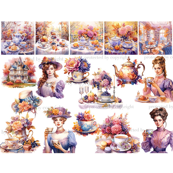 Watercolor girls in victorian dresses with cups of tea celebrate autumn tea party. Autumn tea ceremony scenes with teapots, foliage, pumpkins, living room inter