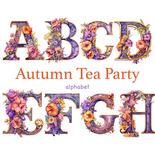 Watercolor tea party autumn alphabet letters. Halloween font for invitations letters A, B, C, D, E, F, G, H. Purple color alphabet with orange, red, purple colo