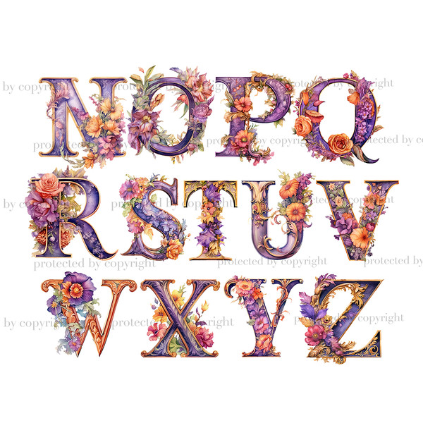 Watercolor tea party autumn alphabet letters. Halloween font for invitations letters N, O, P, Q, R, S, T, U, V, W, X, Y, Z. Purple color alphabet with orange, r