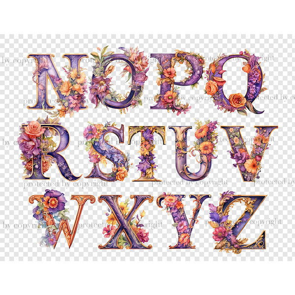Watercolor tea party autumn alphabet letters. Halloween font for invitations letters N, O, P, Q, R, S, T, U, V, W, X, Y, Z. Purple color alphabet with orange, r