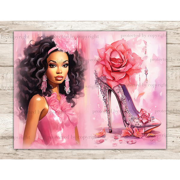 Watercolor Junk Journal Pages with a glamorous black brunette woman in a retro pink dress, pink rhinestone earrings and a pink headband in her hair. Pink shoe d