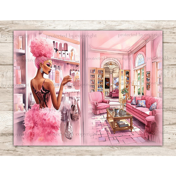 Watercolor Junk Journal Pages with a glamorous black woman with pink hair in a pink retro dress with feathers, in diamond earrings, chooses products in a cosmet