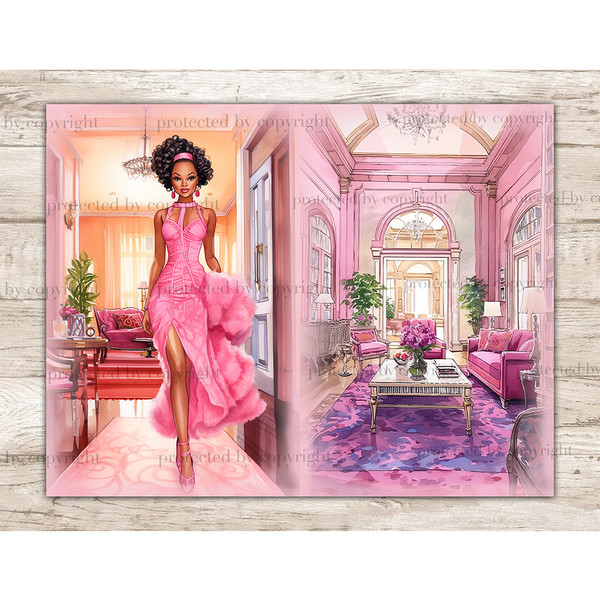 Watercolor Junk Journal Pages with a glamorous black brunette woman in a pink luxury dress, pink earrings with a pink ribbon in her hair against the backdrop of
