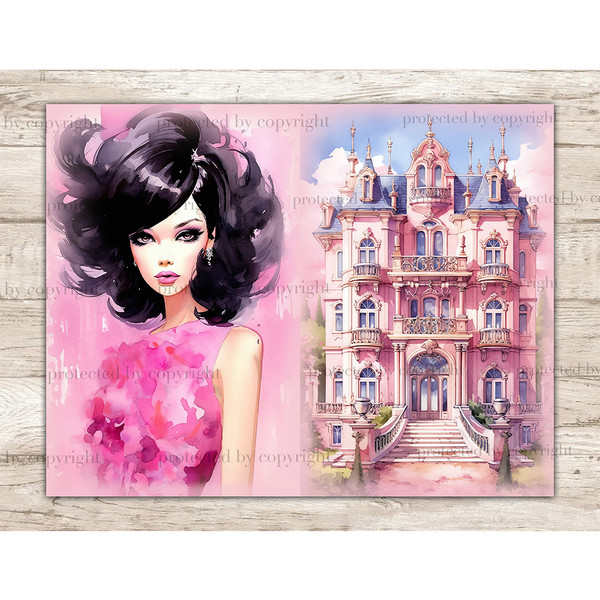 Watercolor Junk Journal Pages with a glam fashion brunette in a pink dress from the 2000s with pink lipstick on her lips. A huge three-story vintage pink mansio