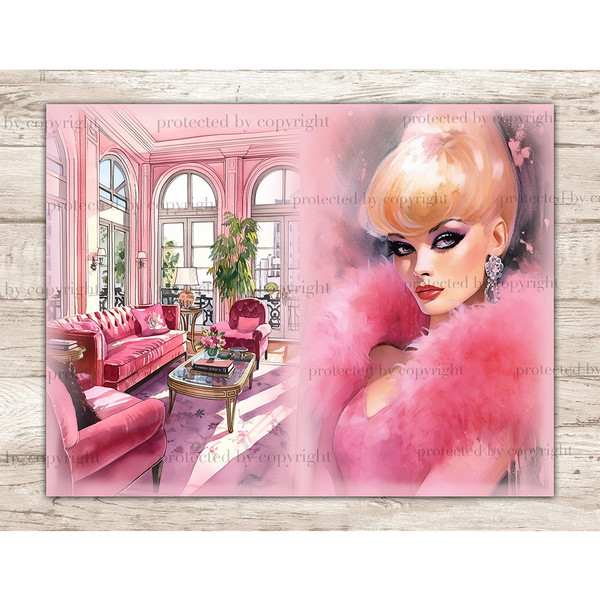 Watercolor Junk Journal Pages with a glamorous trendy blonde with smoky eye make-up in a pink retro dress with pink feathers and diamond earrings. Pink living r