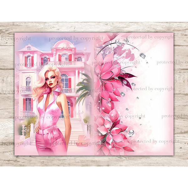 Watercolor Junk Journal Pages with a glamorous trendy blonde in a pink jumpsuit with a belt in the style of the 2000s against the backdrop of a pink mansion. Pi