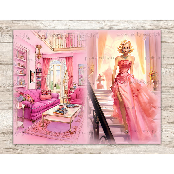 Watercolor Junk Journal Pages with a glamorous pinup fashionable blonde woman in a pink retro evening dress, earrings and a necklace walks down the stairs. Pink