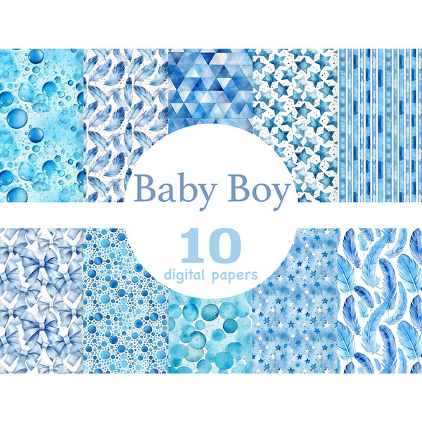 Watercolor Baby Boy paper bundle, Baby Shower seamless patterns, blue bubbles patterns, blue feathers digital papers, blue stars printable papers, blue bows dig