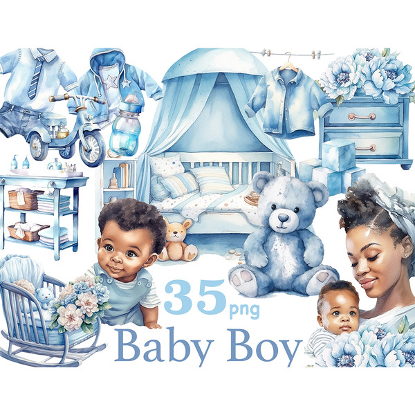 Baby Boy Black Clipart. Watercolor black baby, black baby in mother's arms, blue children's toys, tricycle, blue bear soft toy, children's bedroom scene in blue