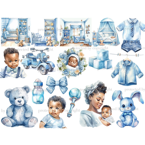 Baby Boy Black Clipart. Watercolor black boy, black boy in mother's arms, blue children's toys and clothes, cubes, rattle, blue rabbit toy, teddy bear toy, blue