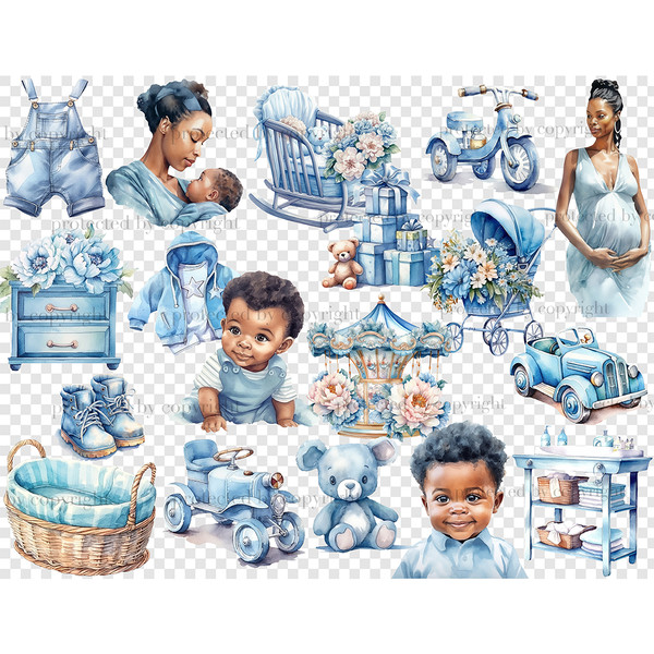Baby Boy Black Clipart. Watercolor black boy, black boy in mother's arms, pregnant black girl in a blue dress, blue children's toys, tricycle, blue bear toy, bl
