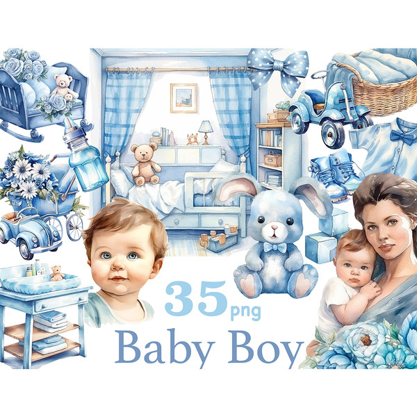 Baby Boy White Clipart. Watercolor white baby, white baby in mother's arms, blue children's toys, car, blue bow with white polka dots, blue rabbit soft toy, chi